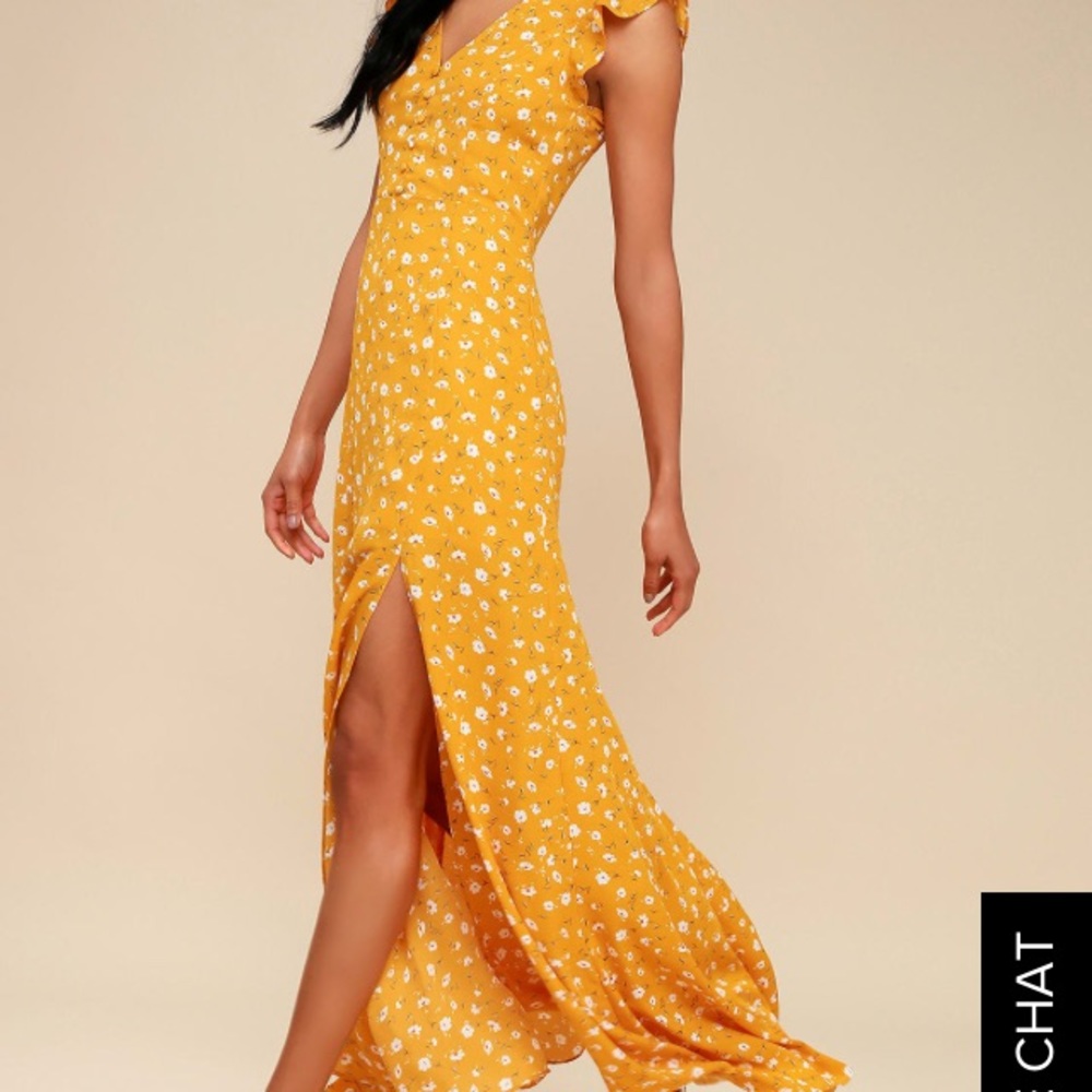 Lulu’s Mustard Yellow Floral Print Backless Dress